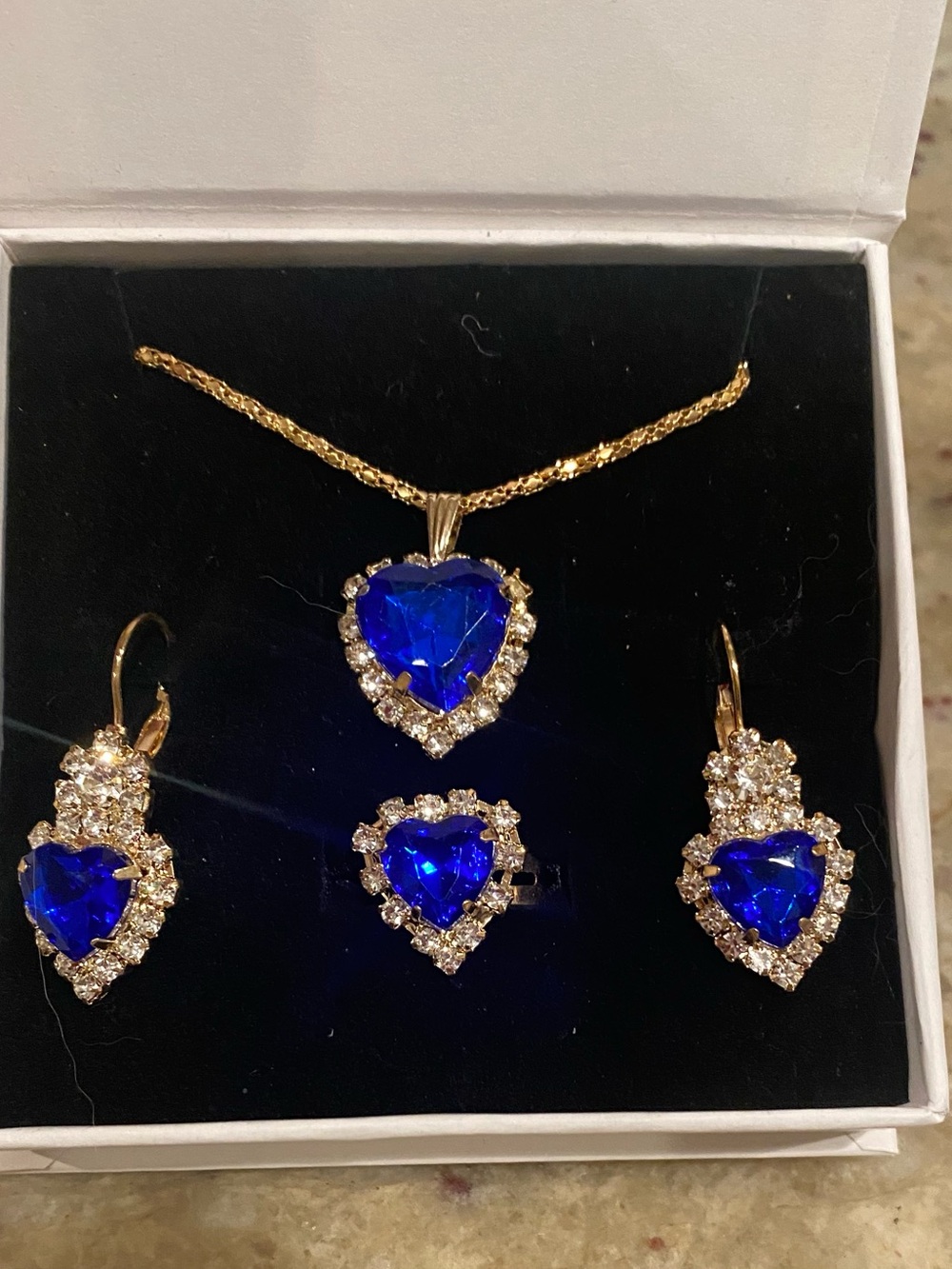 Gold-Tone Heart Sapphire Blue Crystal Necklace & Earring Set